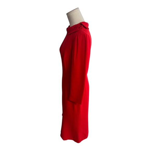 CAROLINA HERRERA Red Silk Midi Dress Sz 4 3/4 Sleeves Buttons Neck Party Holiday - Picture 2 of 10